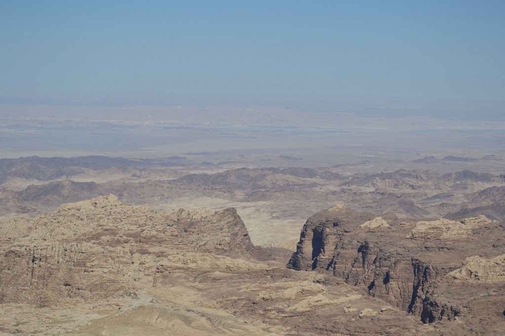 A gulch in the Petra Mountains. In the background is the Arava/Araba Plain, the bottom end of the Jordan Valley.